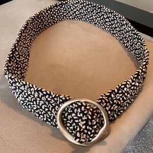 White and Black knit belt with gold buckle